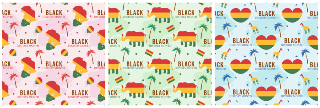 Set of Black History Month Seamless Pattern of African American Holiday in Template Hand Drawn Cartoon Flat Design Illustration