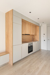Contemporary minimal kitchen at empty refurbished apartment. Wooden furniture and modern appliances