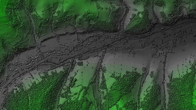 Animation of digital elevation model of a forest area with a river. GIS product made by aerial mapping from a drone. Lidar scan and multispectral camera gives NDVI and NIR effect.