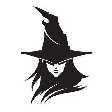 Head of a witch vector icon. Scary wizard with a big pointy hat using black magic. Spooky scary design. Logo design for company. Silhouette of enchanter. Magical spells, abilities. Witchcraft potion