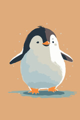 Cartoon drawing of happy penguin. Cute adorable vector design of baby animal character. Fun greeting card for winter holiday. Adorable comic. Snow icon for kids and children. Happy arctic wildlife.
