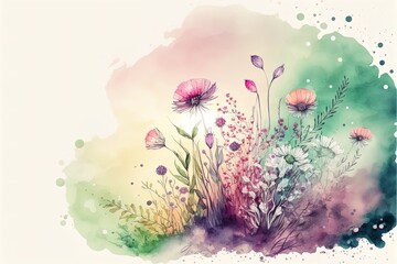 Abstract meadow watercolor flowers with colorful aquarelle paint drop