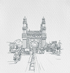 Charminar Hyderabad India, illustration or sketch, hand drawn illustration, isolated on white background