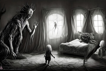 Phobias - Monsters in the bedroom or under the bed - obrazy, fototapety, plakaty