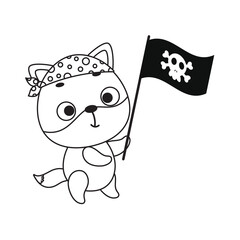 Coloring page cute little fox with pirate flag. Coloring book for kids. Educational activity for preschool years kids and toddlers with cute animal. Vector stock illustration