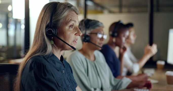 Call center, business people and night communication, global office and telemarketing diversity. Telecom, technical support or virtual help desk agent, consultant or ecommerce worker team on computer