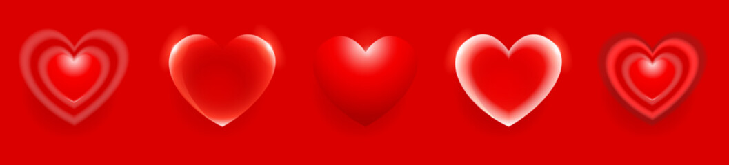 Set of 3d hearts. Imitation of plastic, glass, glow, blur. Red on a red background.