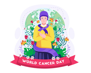 Happy cancer girl embracing self with a purple support ribbon. World cancer day illustration concept