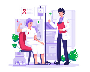 A cancer woman patient is undergoing chemotherapy treatment and supports accompanied by a male doctor. World cancer day concept illustration
