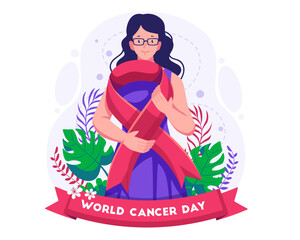 World cancer day concept illustration with A girl holding a big red awareness ribbon in support of Cancer day