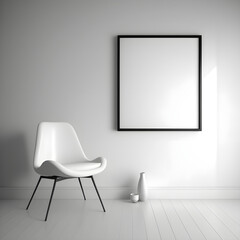 Elegant living room interior with framed art print above a gray sofa, glass coffee table, bookshelf & natural light. Ideal for showcasing interior design and home decor products, art and photography p