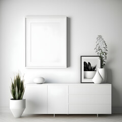 Elegant living room interior with framed art print above a gray sofa, glass coffee table, bookshelf & natural light. Ideal for showcasing interior design and home decor products, art and photography p