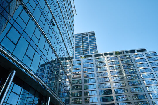 Detail Of Skyscraper Office Buildings With Glass Facades. Modern Urban Architecture. High Rise Building In Downtown Of Warsaw City