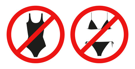 Symbol entry in a swimsuit is prohibited. Women's swimsuit in a crossed out red circle. Dress code sign. Illustration on transparent background