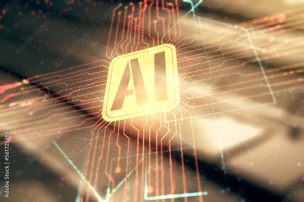 Poster double exposure of creative artificial intelligence icon on blurry metal background. neural networks