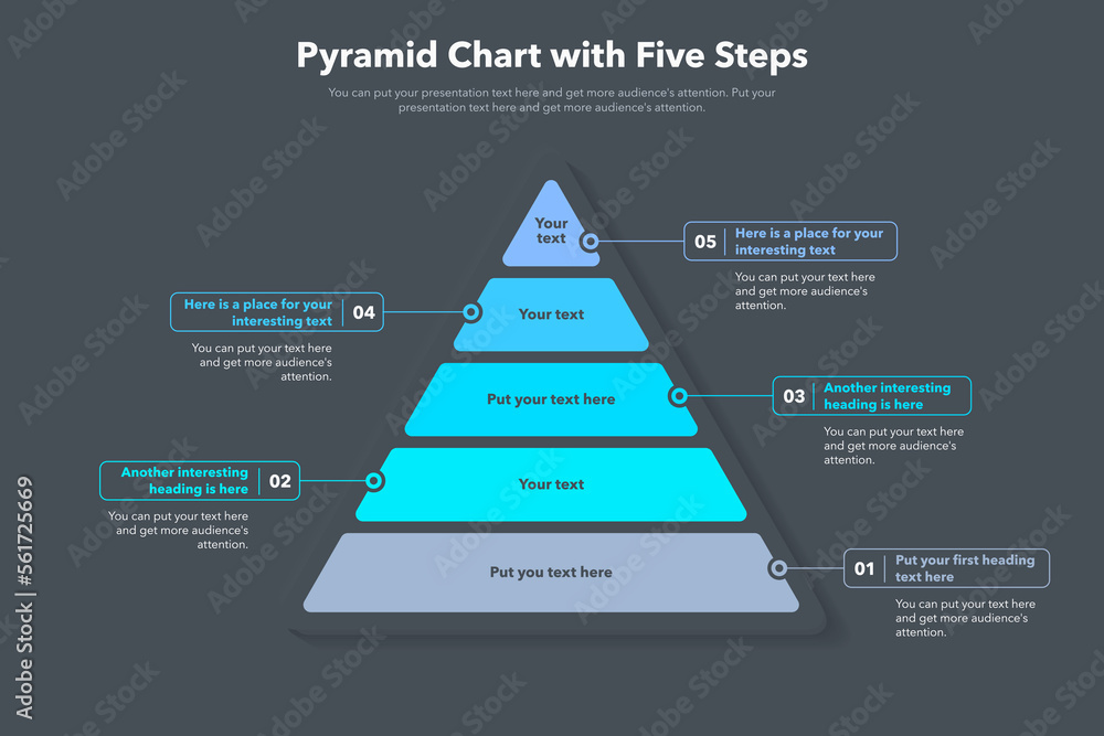 Poster Pyramid chart template with five colorful steps - dark version. Creative diagram divided into five steps.