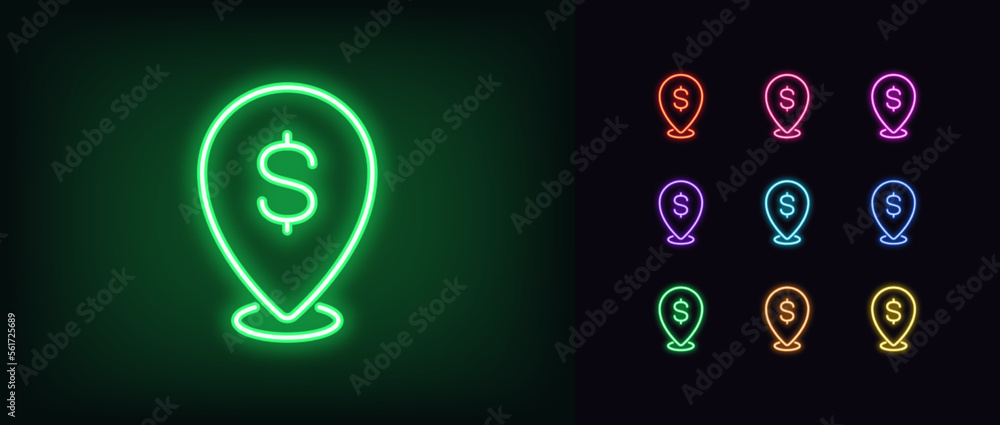 Poster outline neon dollar pointer icon set. glowing neon map pin frame with dollar sign, bank location pic