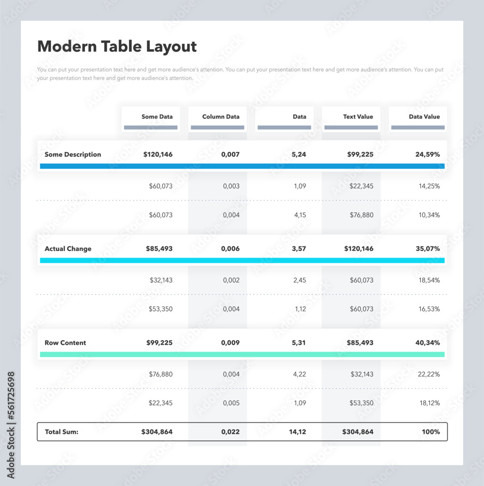 Poster Modern table layout template with a total sum row. Simple flat template for data visualization.