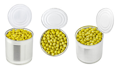 Tin cans of canned food with green peas, three pieces opened, isolated on white background