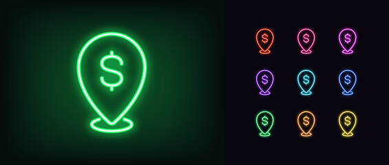 Fototapeta na wymiar Outline neon dollar pointer icon set. Glowing neon map pin frame with dollar sign, bank location pictogram. ATM with money cash, currency exchange point, place payment.