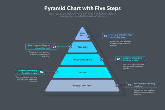 Pyramid chart template with five colorful steps - dark version. Creative diagram divided into five steps.
