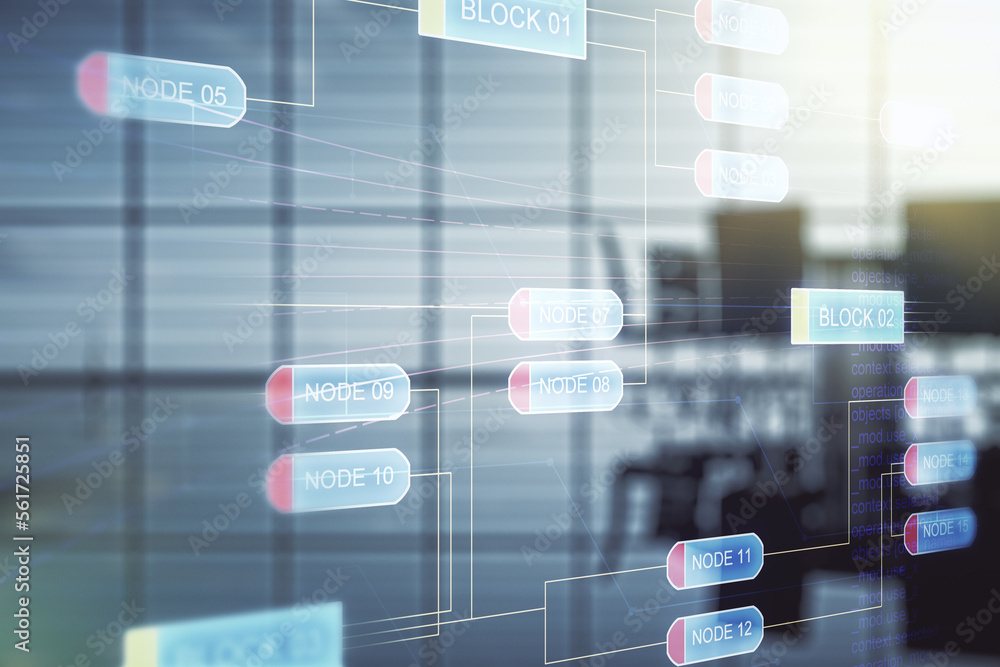 Poster double exposure of abstract programming language interface on a modern meeting room background, rese