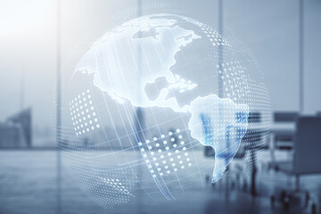 Virtual digital map of North America on a modern conference room background, international trading concept. Multiexposure
