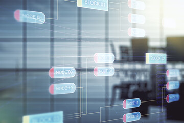 Double exposure of abstract programming language interface on a modern meeting room background,...