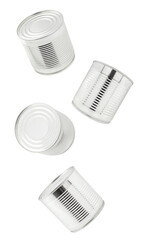 Tins cans, four pieces, food jar closed whole with stiffeners falling, hanging, flying, soaring, isolated on white background