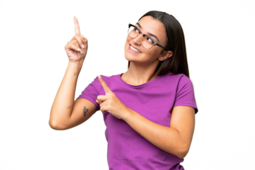 Young caucasian woman isolated on green chroma background pointing with the index finger a great idea