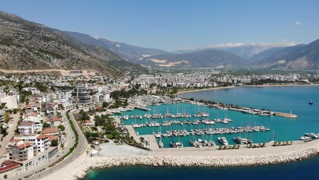 Aerial view of the resort town of Finike, located on the Mediterranean coast in Turkey. High quality 4k footage