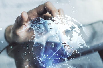 Fototapeta premium Multi exposure of abstract software development hologram with world map and finger presses on a digital tablet on background, global research and analytics concept