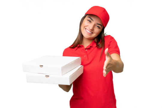 Pizza delivery caucasian woman with work uniform picking up pizza boxes isolated on green chroma background shaking hands for closing a good deal