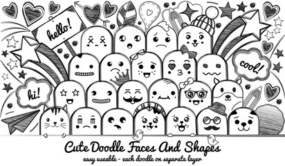 Doodle Kawaii Faces Set - Hand Drawn Vector Illustration Isolated On White Background
