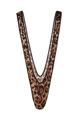 Close-up shot of a men's erotic mankini thong bodysuit with a leopard print. Men's erotic V-shaped underwear is isolated on a white background. Front view.