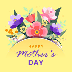 Mother's day greeting card with a bouquet of beautiful flowers in cut paper on a yellow background