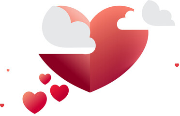 Beautiful Red Paper Heart Shape Balloon, Clouds For Love Or Valentine Concept.