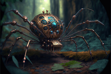 mechanical steampunk spider in a forest, Generative AI