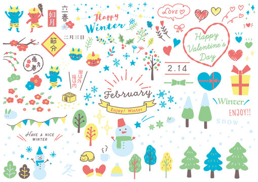 2月の冬イベント手描きイラストセット：節分・バレンタイン・雪だるま・北欧風のあしらい素材 / February Winter Event Hand-Drawn Illustration Set: Setsubun, Valentine, Snowman