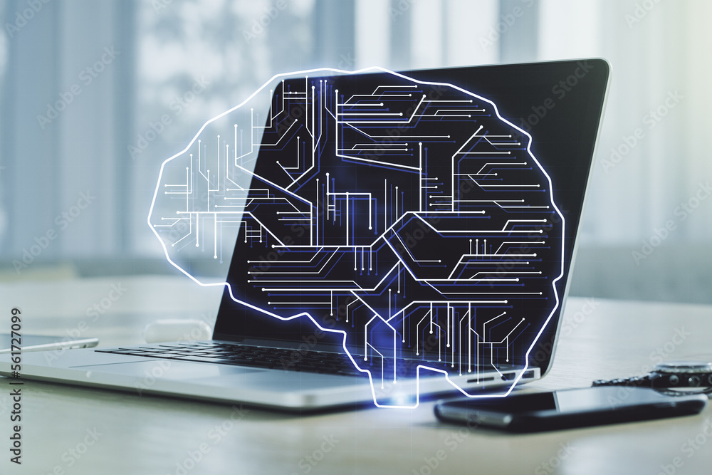 Poster double exposure of creative artificial intelligence symbol with modern laptop on background. neural 