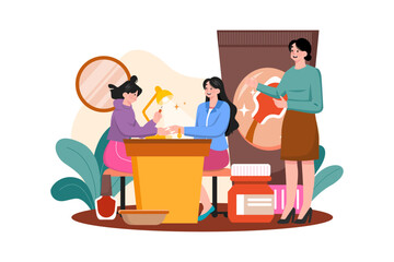Women in a nail salon receive manicures from beauticians.