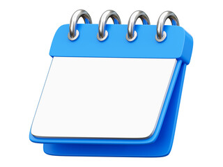 Blue calendar 3d icon date schedule isolated on png background with empty time reminder plan appointment agenda concept or white paper organizer planner calender and blank timetable meeting page.
