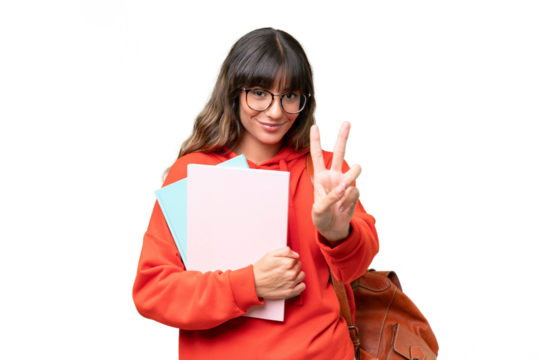 Young student caucasian woman over isolated background smiling and showing victory sign