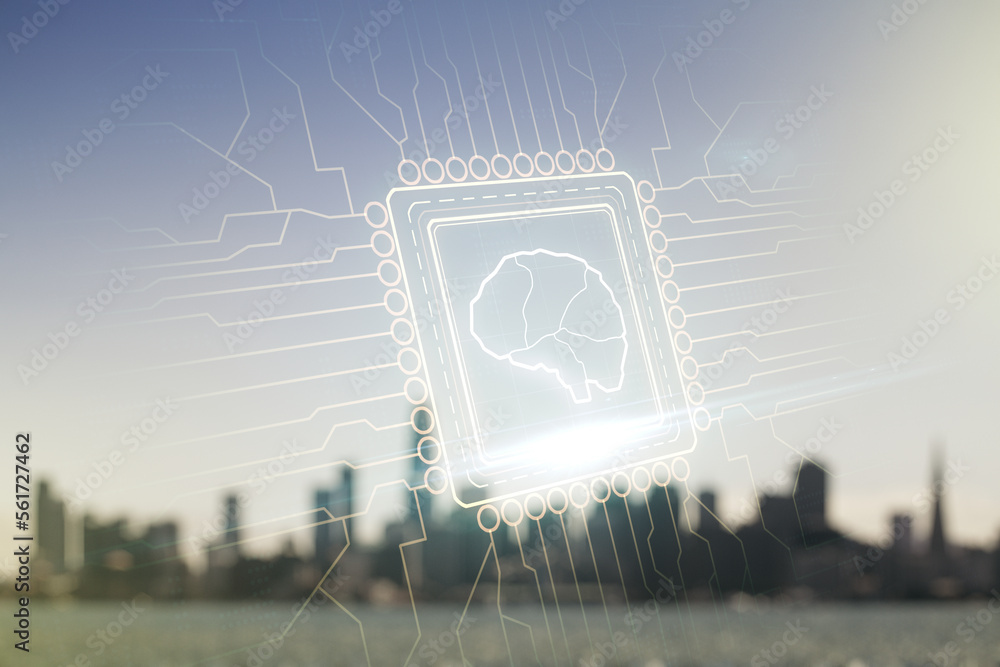 Aufkleber Double exposure of creative artificial Intelligence interface on blurry cityscape background. Neural networks and machine learning concept
