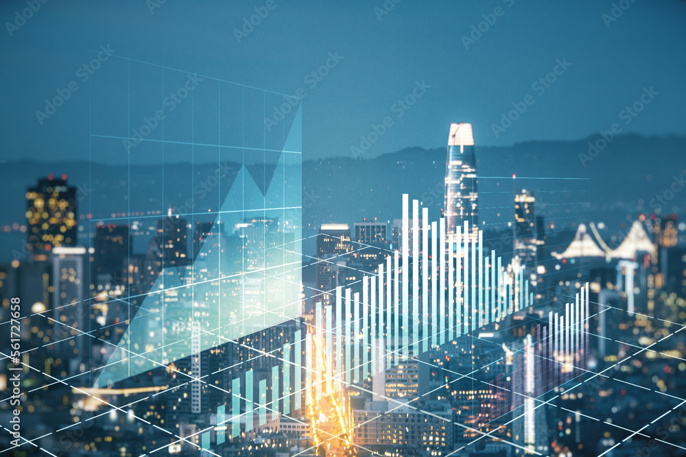 Poster multi exposure of virtual abstract financial graph interface on san francisco cityscape background, 