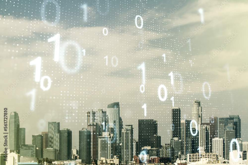 Leinwandbilder abstract virtual binary code sketch on los angeles office buildings background, hacking and matrix c