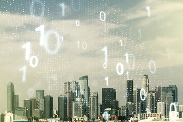 Abstract virtual binary code sketch on Los Angeles office buildings background, hacking and matrix concept. Multiexposure