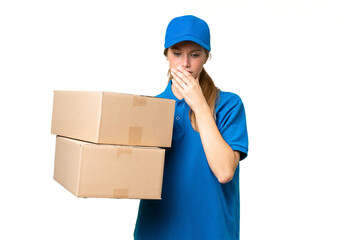Delivery caucasian woman over isolated background having doubts