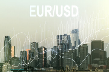 Fototapeta na wymiar EURO USD forex graph sketch on Los Angeles office buildings background, strategy and forecast concept. Multiexposure