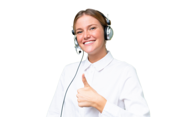 Telemarketer caucasian woman working with a headset over isolated background with thumbs up because something good has happened